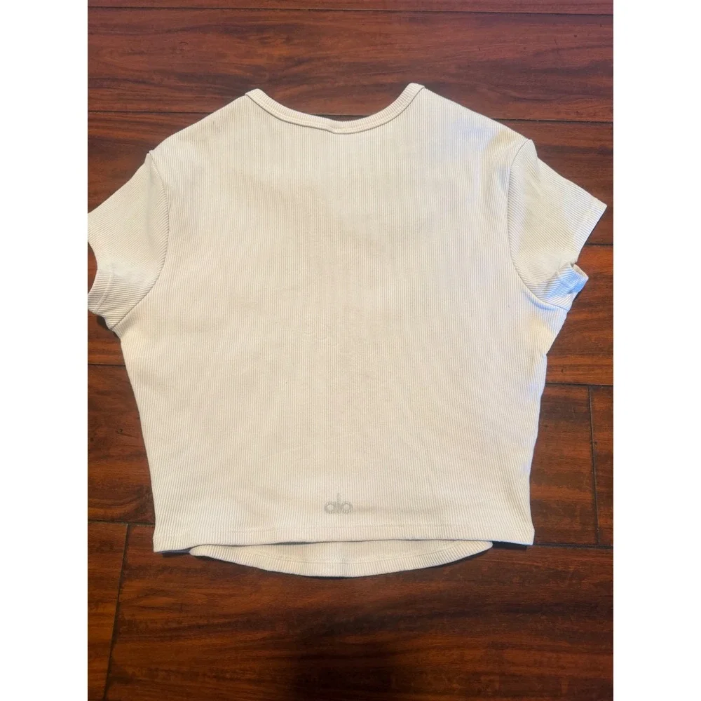 Alo Yoga Womens Ribbed Short Sleeve Crop Top Off White Athletic Tee Size S